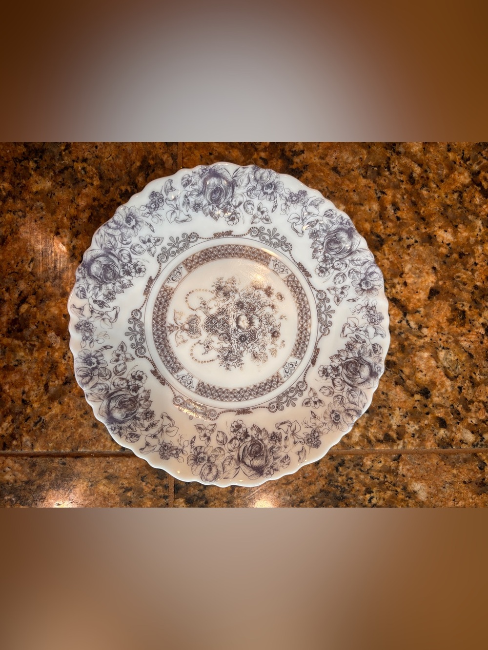 Floral Porcelain Dinner Plate in Brown Transferware
